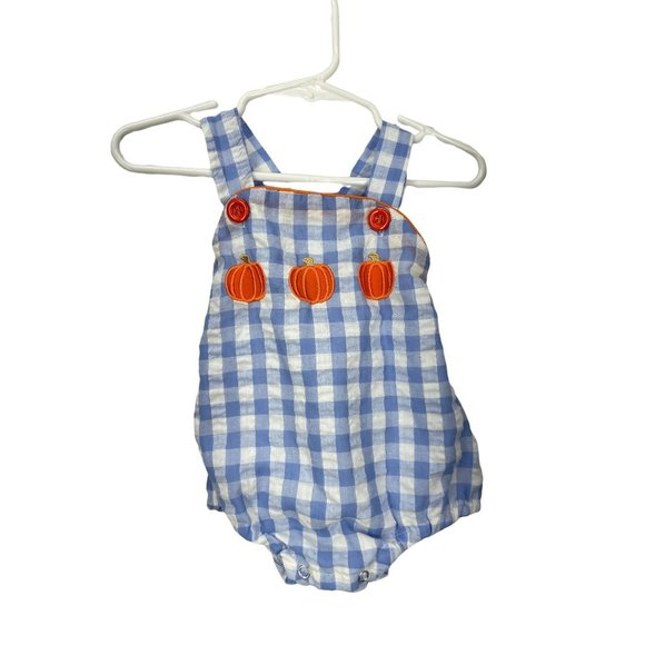 Antlers & Acorns Designs Blue and White Plaid Orange Pumpkin Snap Bottom Infant - Picture 1 of 9